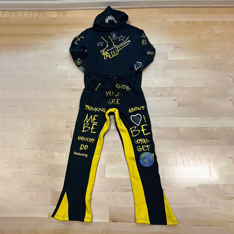 Y2K Autumn/Winter Hoodie Suit Flared Trousers Oversized Men's clothing  Fashion Trend High Street Pants Casual Sets 2024