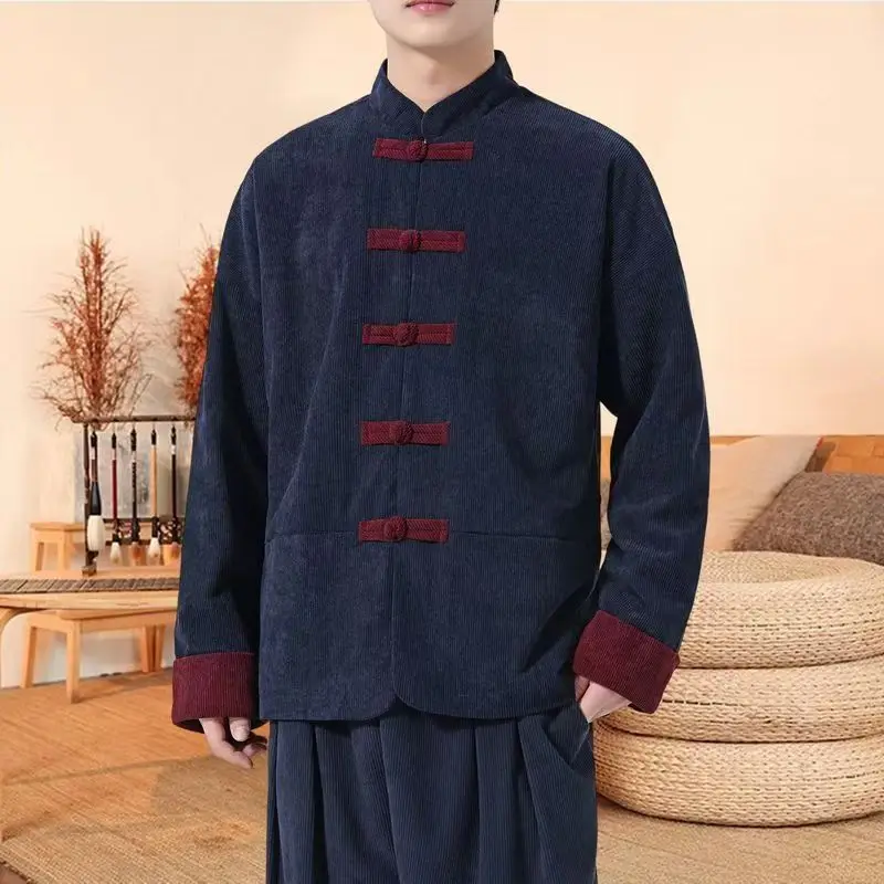Chinese Style Tracksuit Spring Corduroy Two-piece Set Casual Tang Suit Men's Coat Zhongshan Suit Ancient Buckle Training Wear