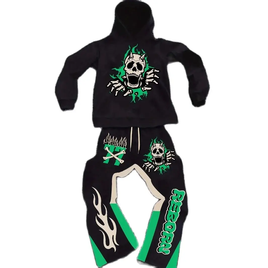 Men's American - style Street - wear Hoodie and Joggers Set Distinctly Showcasing Skull, Flame and Number 77 Elements Trend