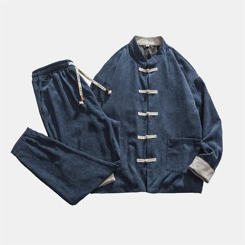 Chinese Style Tracksuit Spring Corduroy Two-piece Set Casual Tang Suit Men's Coat Zhongshan Suit Ancient Buckle Training Wear