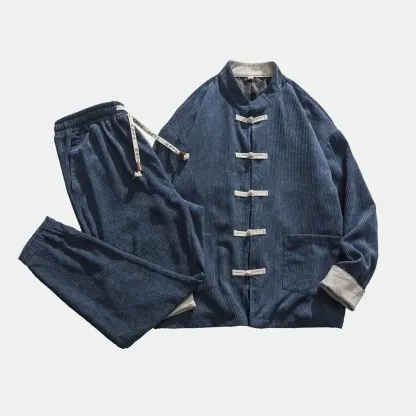 Chinese Style Tracksuit Spring Corduroy Two-piece Set Casual Tang Suit Men's Coat Zhongshan Suit Ancient Buckle Training Wear