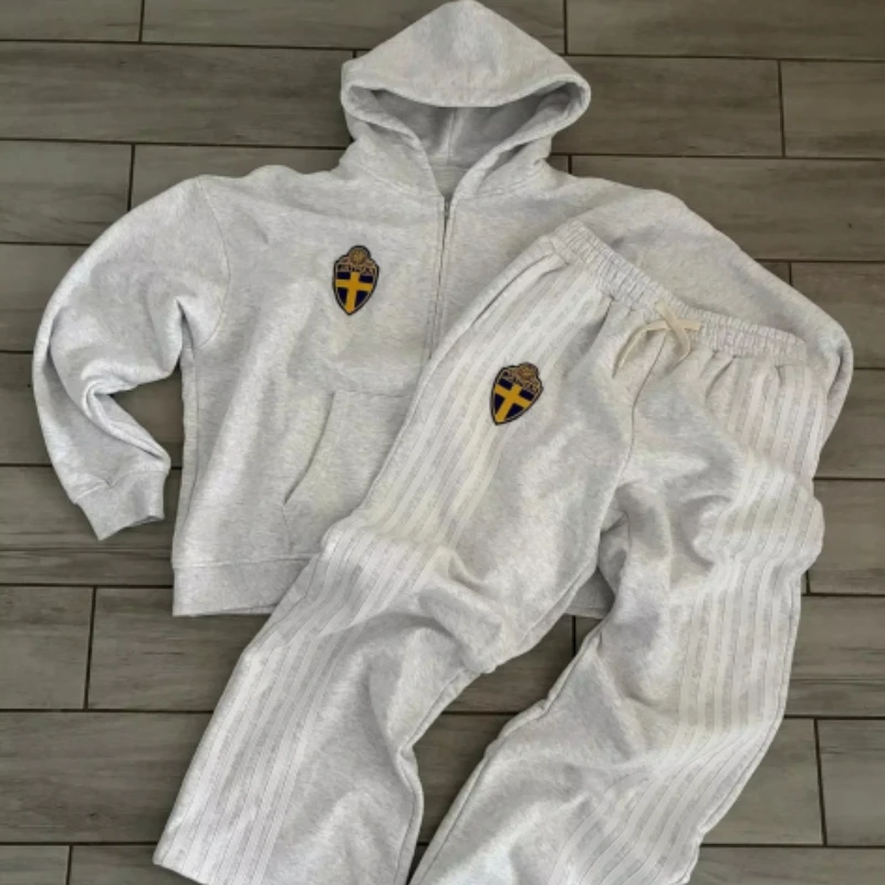 Y2K Zip Hooded Sweatpants Set Men Two Piece Hip Hop Embroidered Vintage Stripe Oversized Hooded Sweatshirt Casual Pants Set