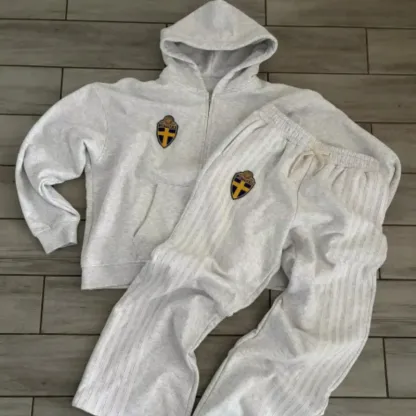 Y2K Zip Hooded Sweatpants Set Men Two Piece Hip Hop Embroidered Vintage Stripe Oversized Hooded Sweatshirt Casual Pants Set