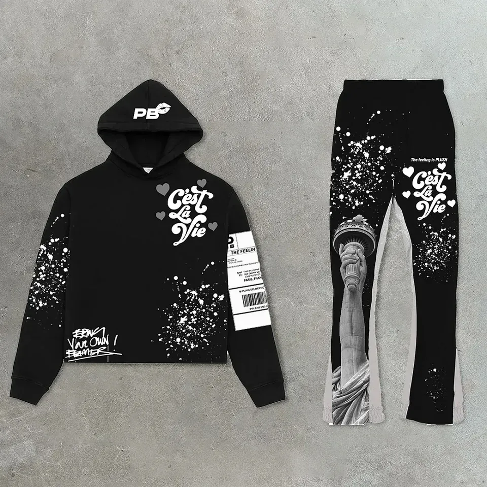 Y2K Autumn/Winter Hoodie Suit Flared Trousers Oversized Men's clothing  Fashion Trend High Street Pants Casual Sets 2024