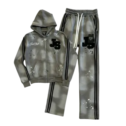 New Trendy Mens Tan Brown Zipper Tracksuit Hip Hop Streetwear Set with Stripes White Dots and JS Patch Embroidery Jogger Outfit