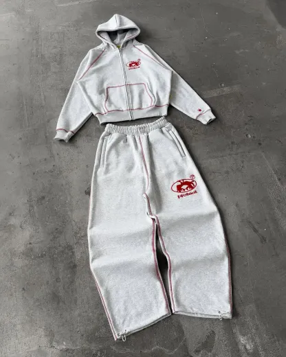 Men Tracksuit Gray Casual Loose Fit Korean Streetwear American Style Y2K Retro Two Piece Outfit Hoodie Jogger Pants Sweatshirt