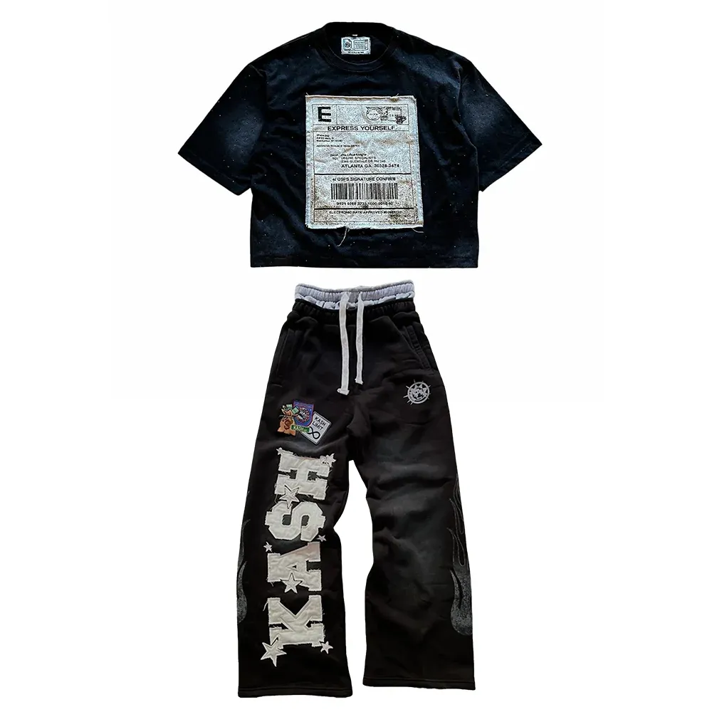 American Retro Sports Pants Tshirt Two Piece Set Y2K Sportswear Mens Womens Letter Embroidery Baggy Casual Pants Tops Suit