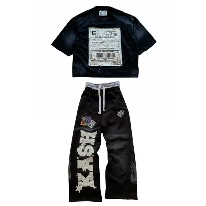 American Retro Sports Pants Tshirt Two Piece Set Y2K Sportswear Mens Womens Letter Embroidery Baggy Casual Pants Tops Suit