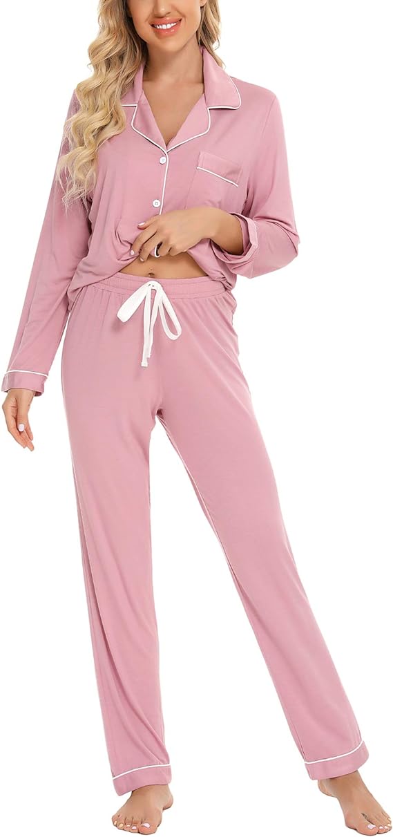 Pajamas Set Long Sleeve Long Pants Sleepwear for Women Button Down Nig