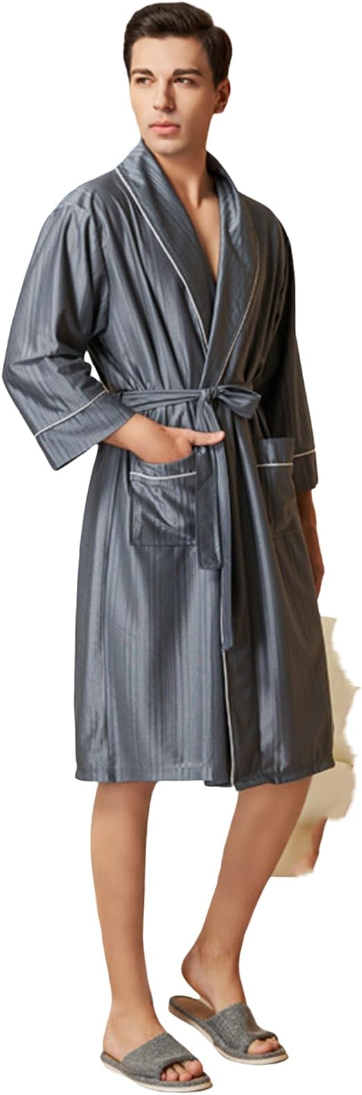 Pajamas Sleepwear Nightgown Beautiful Striped Nightgown Women Spring And Autumn Cool Bathrobe Fine Premium Summer Mid-Length Bathrobe For Men
