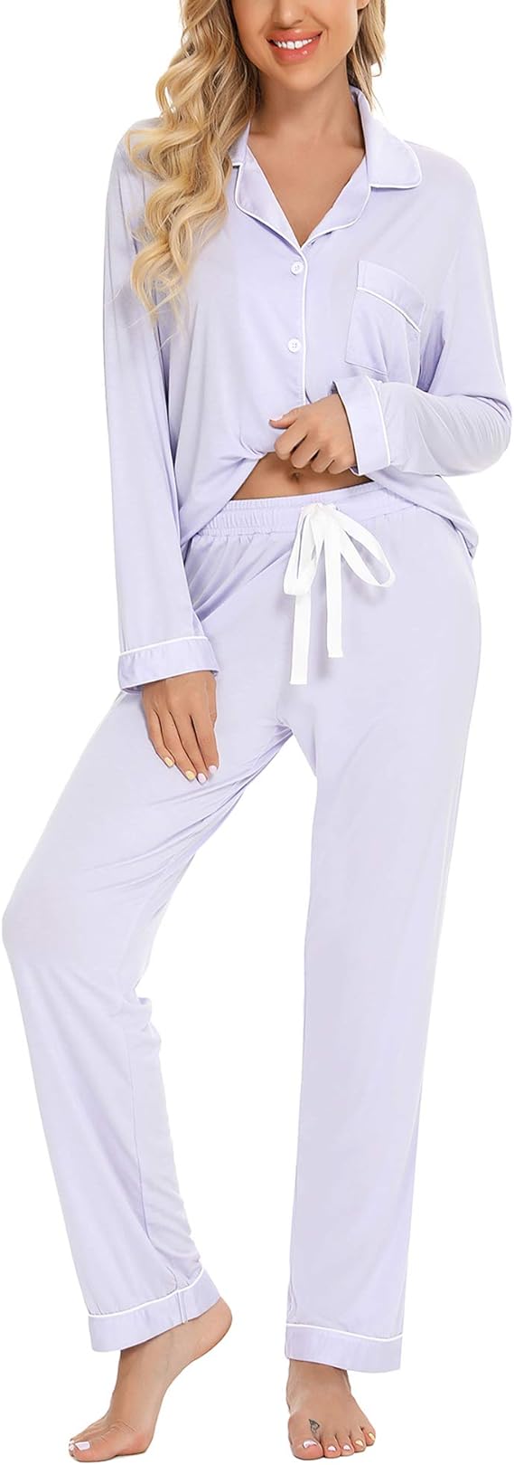 Pajamas Set Long Sleeve Long Pants Sleepwear for Women Button Down Nig