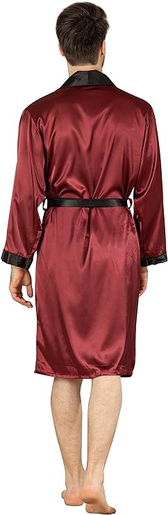Men's Summer Luxurious Kimono Soft Satin Robe with Shorts Nightgown Long-Sleeve Pajamas Printed Bathrobes
