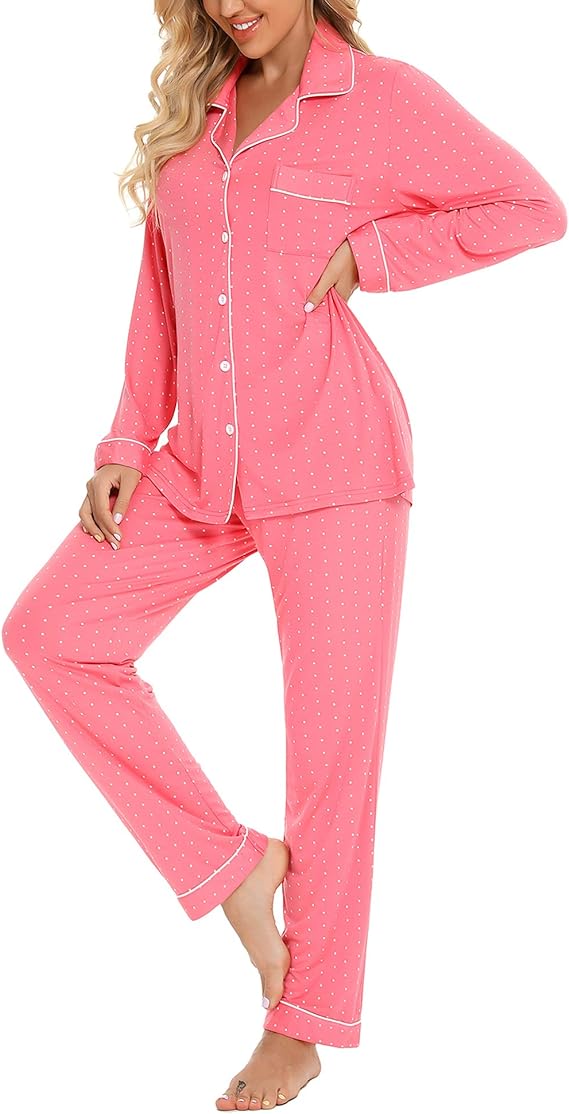 Pajamas Set Long Sleeve Long Pants Sleepwear for Women Button Down Nightwear Soft Pj Lounge Sets Cotton V-Neck S-XXL