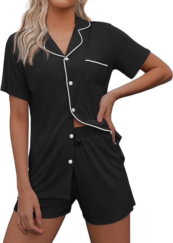Pajamas Set Short Sleeve Sleepwear Womens Button Down Nightwear Soft Pj Lounge Sets XS-XXL