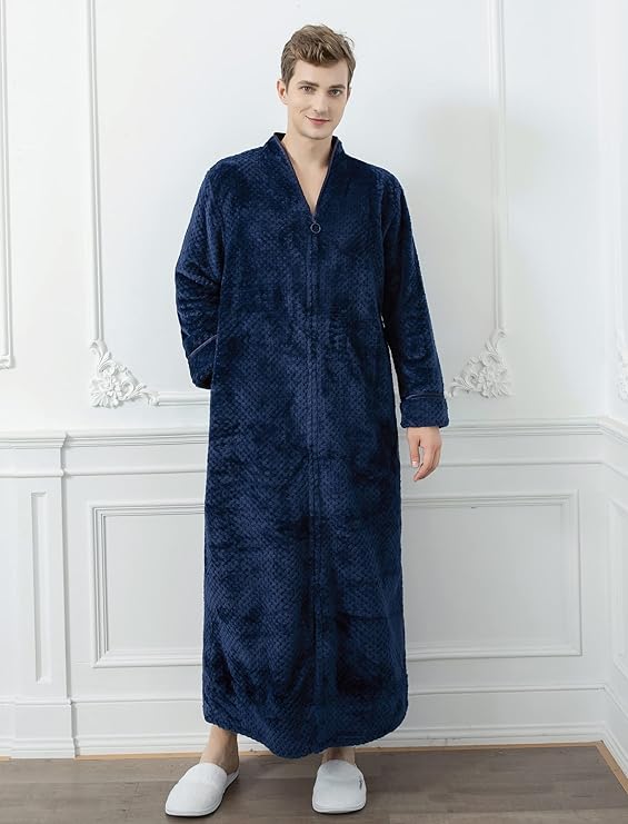 Men's Flannel Zip Bathrobes Soft Warm Long Fleece Plush Robe Housecoat