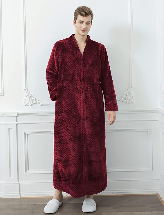 Men's Flannel Zip Bathrobes Soft Warm Long Fleece Plush Robe Housecoat