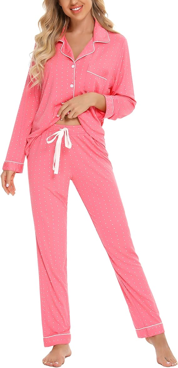 Pajamas Set Long Sleeve Long Pants Sleepwear for Women Button Down Nightwear Soft Pj Lounge Sets Cotton V-Neck S-XXL