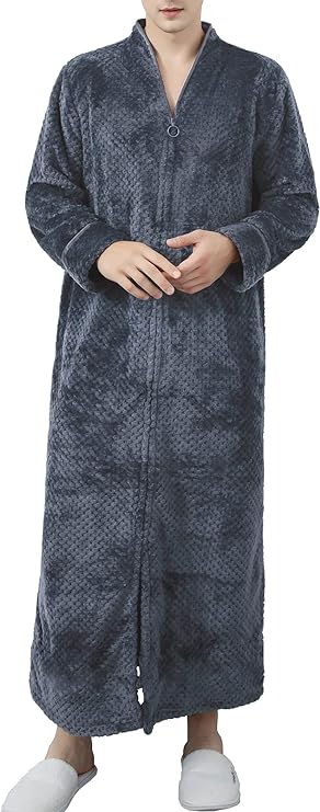 Men's Flannel Zip Bathrobes Soft Warm Long Fleece Plush Robe Housecoats Nightgown Sleepwear