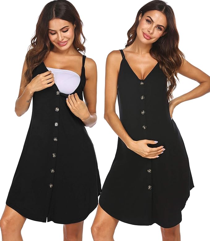 Nursing Nightgown Women's Maternity Dress Button Down Nightdress Sleeveless Breastfeeding Sleepwear Hospital Gown