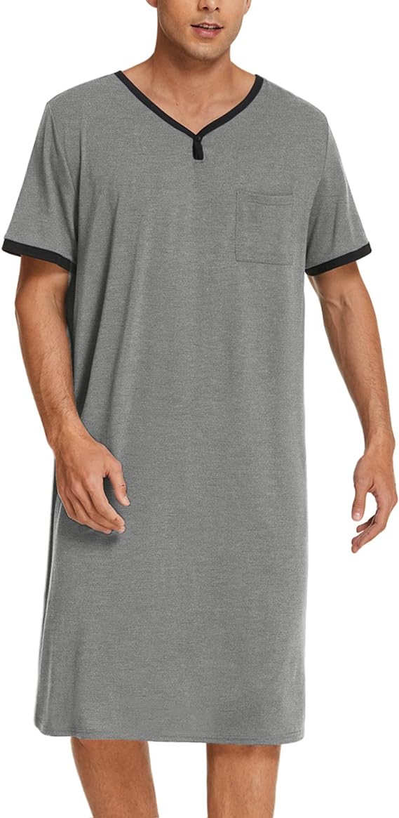 Men's Nightshirt Nightwear Comfy Big&Tall Short Sleeve Henley Sleep Shirt