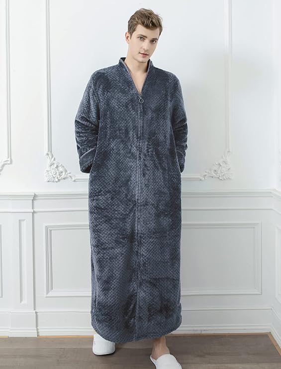 Men's Flannel Zip Bathrobes Soft Warm Long Fleece Plush Robe Housecoats Nightgown Sleepwear