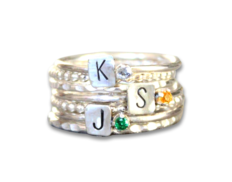 Custom Birthstone Ring with Initials Ring