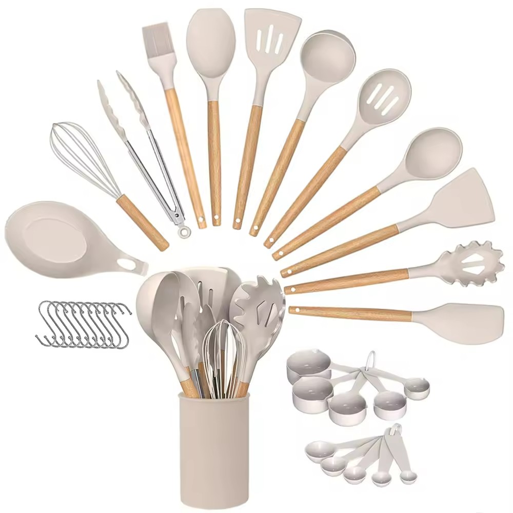 Raybin 33 Pcs Non Stick Cookware Set Silicone Kitchen Utensils Set with Wooden Handle