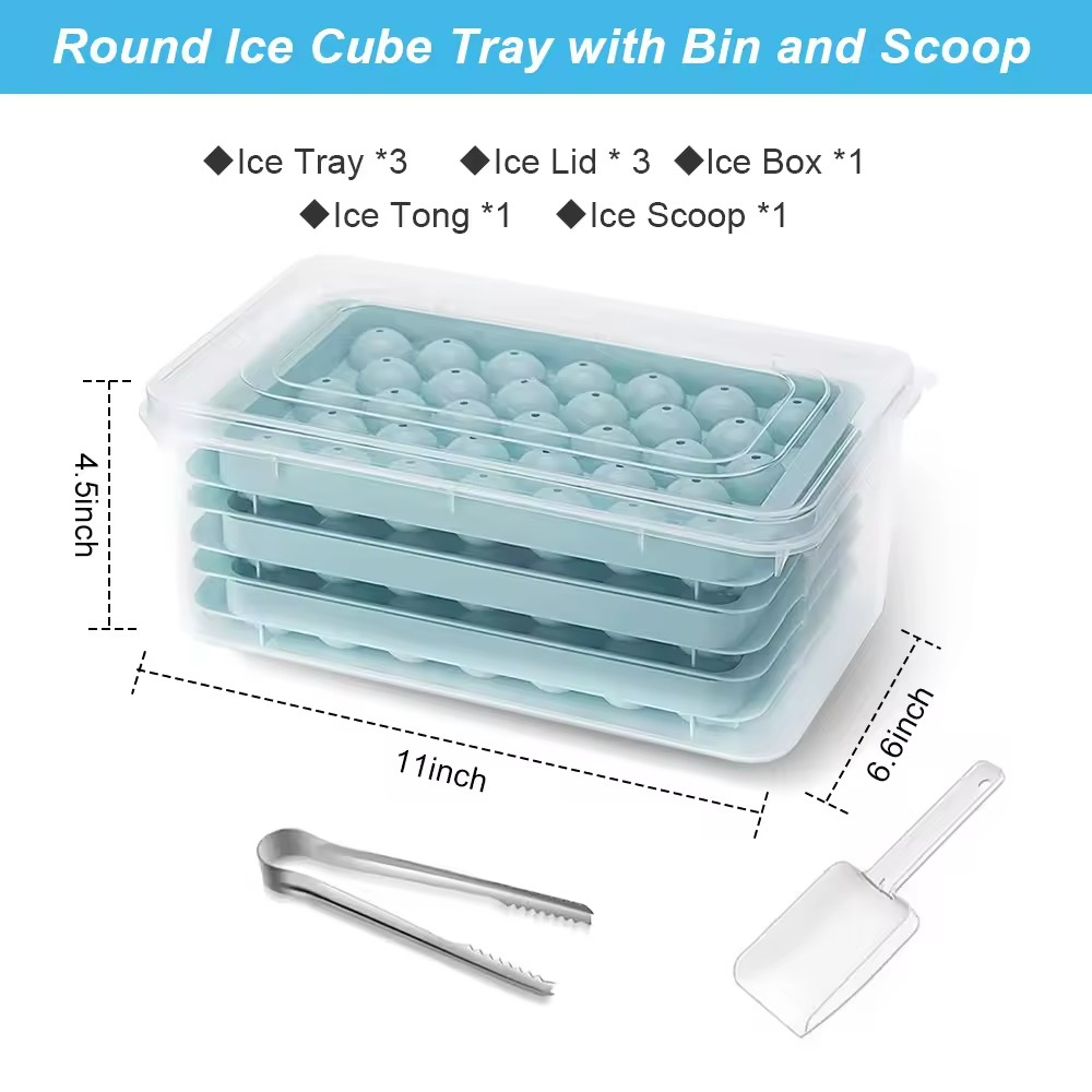 Raybin Plastic Mini Round Ice Ball Maker Mold Ice Cube Tray With Lid and Bin Ice Scoop