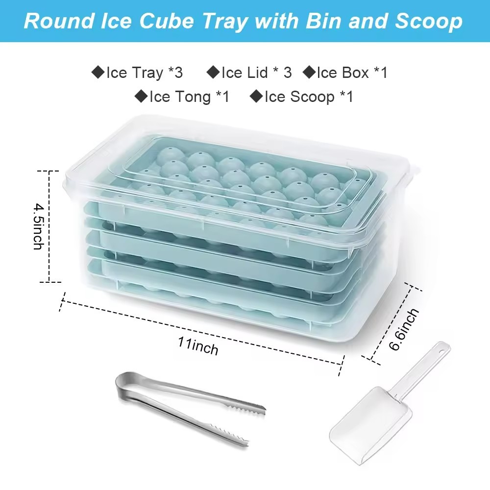 Raybin Plastic Mini Round Ice Ball Maker Mold Ice Cube Tray With Lid and Bin Ice Scoop