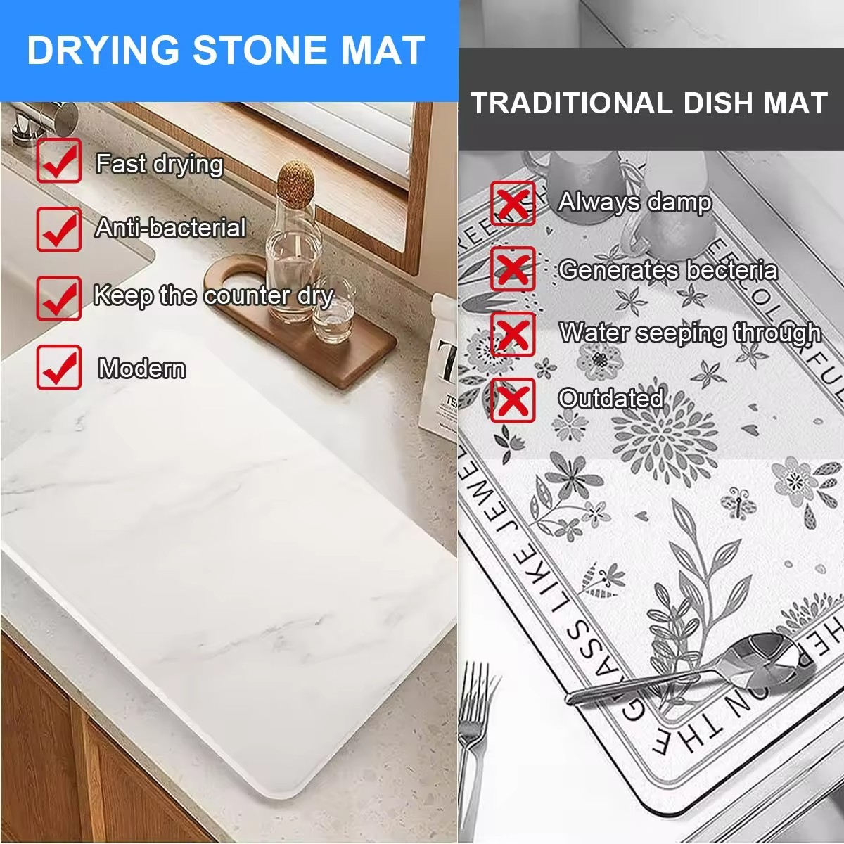 Raybin Absorbent Mat Tray Stone Dish Drying Mats for Kitchen Counter