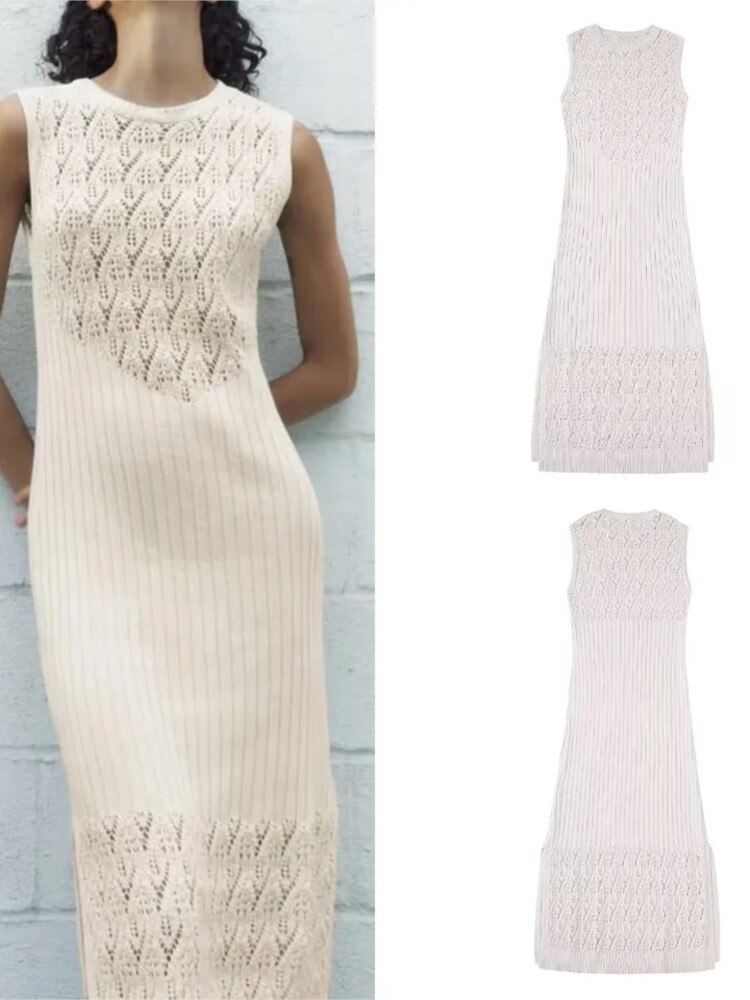 Women Sleeveless Knitted Slim Crochet Woven Dresss Fashion Cut Out Slim Split O Neck Long Dresses Hollowed Holiday Maxi Robe