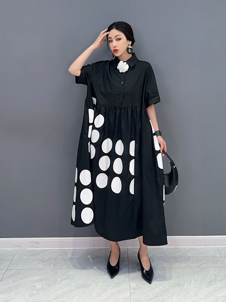 Casual Loose Female Shirt Dress Fashion Irregular Dot Contrast Color Print Women Summer Simplicity New Dress