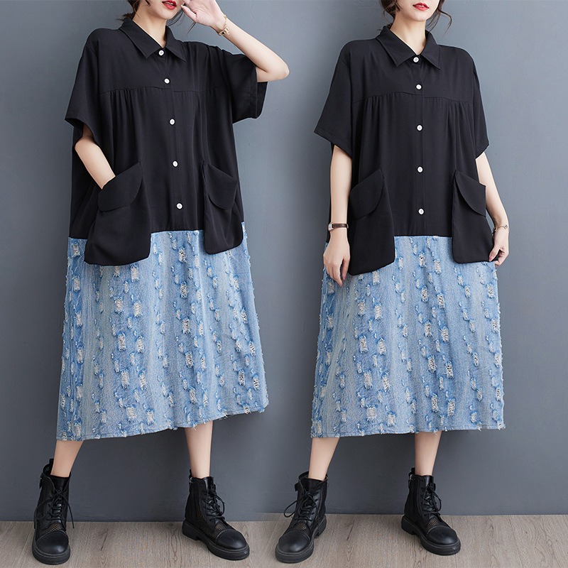 Black Color-block Shirt Dress Women Denim Big Size New Lapel Short Sleeve Loose Fit Fashion Spring Summer