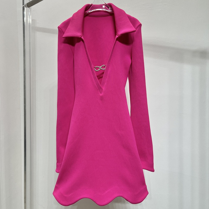 Sexy Deep V-Neck Long Sleeve Rhinestone Wave Cut Hem Stretch Knitted Slim Dress
