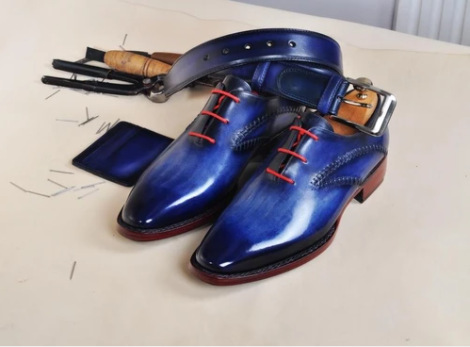 Blue Chunky Heel Leather Shoes