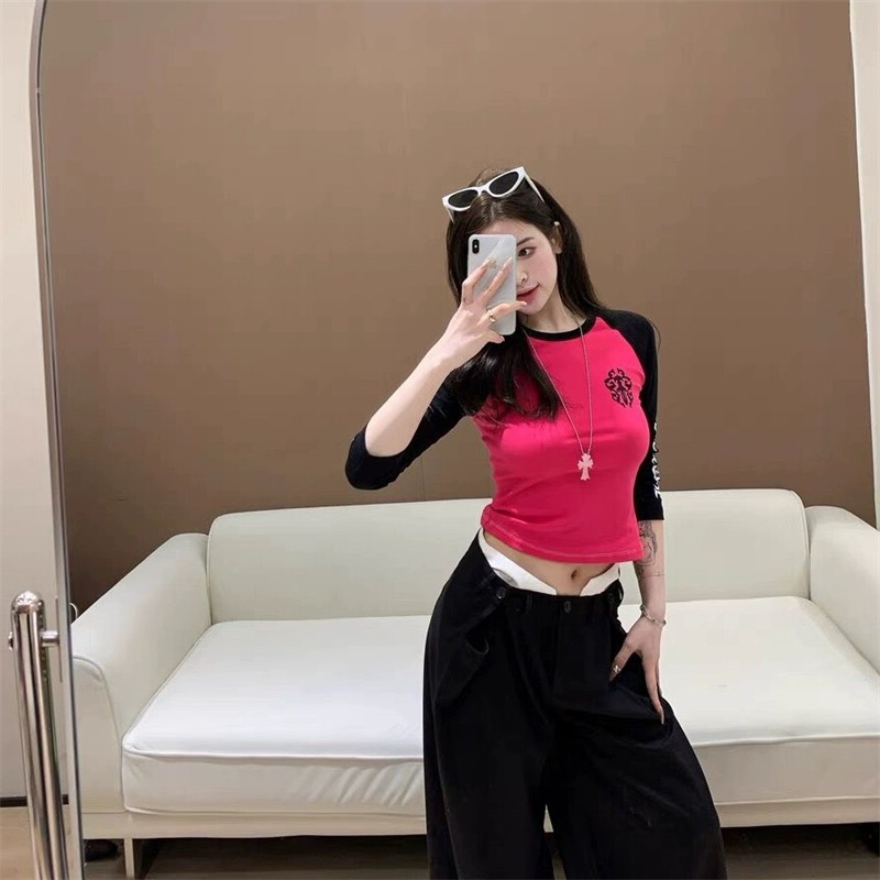 womenswear Rose red Sanskrit printed seven-point long sleeves