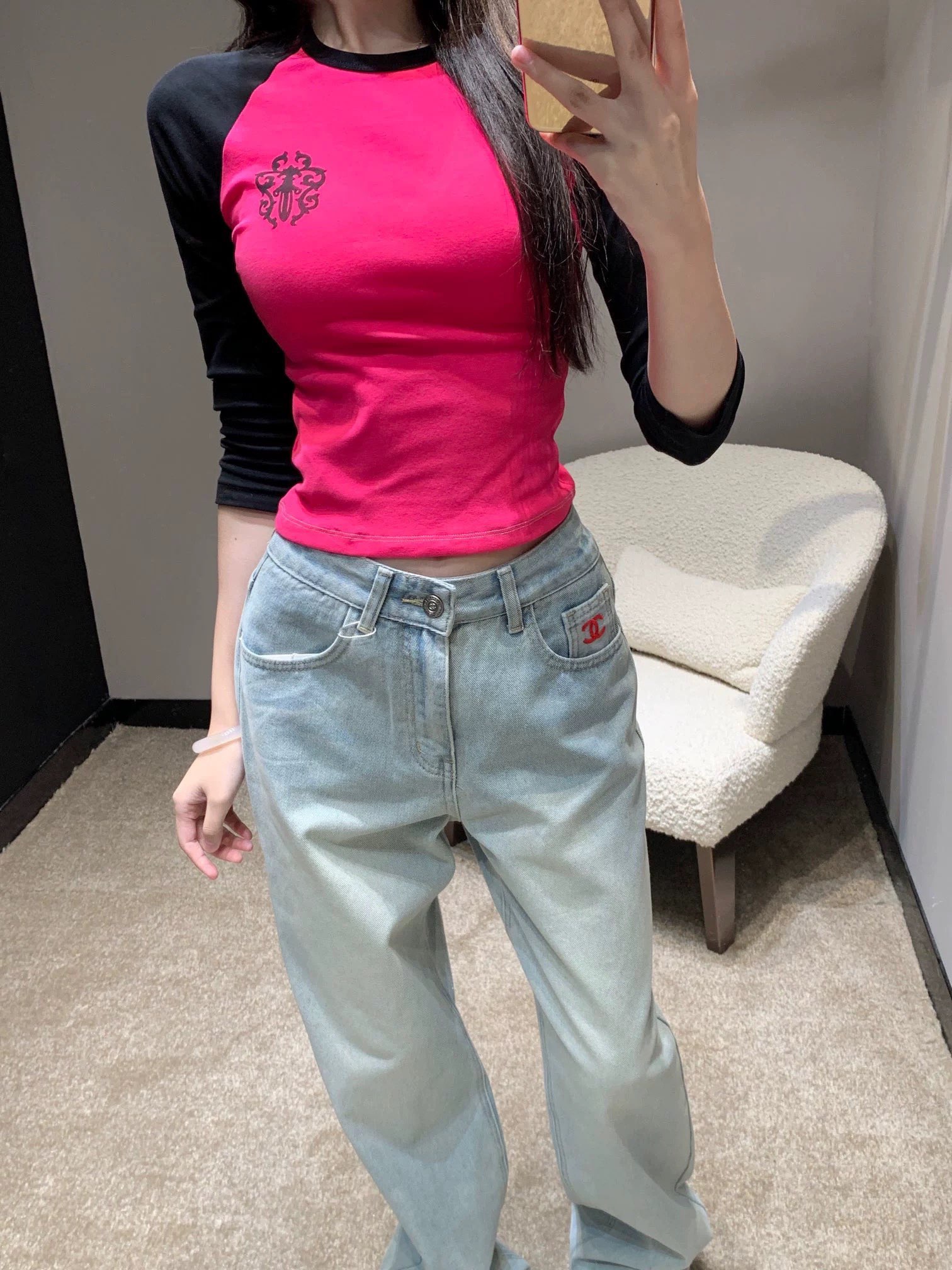 womenswear Rose red Sanskrit printed seven-point long sleeves