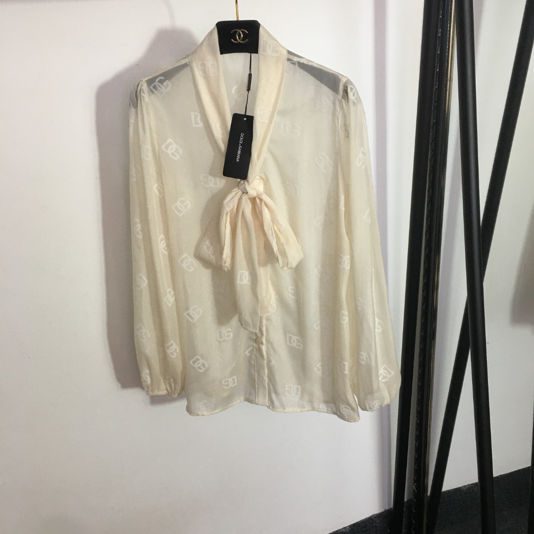 D-G Temperament bow collar flocking letters perspective sunscreen long sleeve shirt,