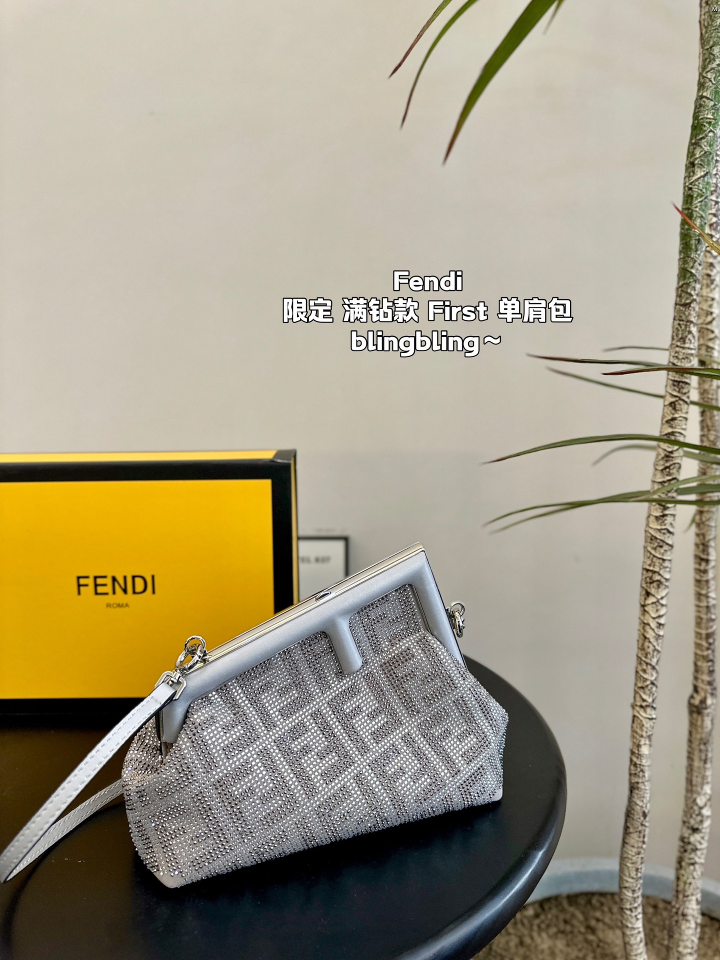 F-I Rhinestone with First shoulder bag in hand.