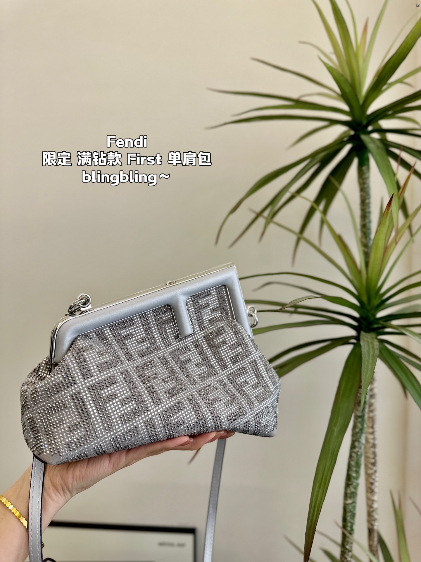 F-I Rhinestone with First shoulder bag in hand.