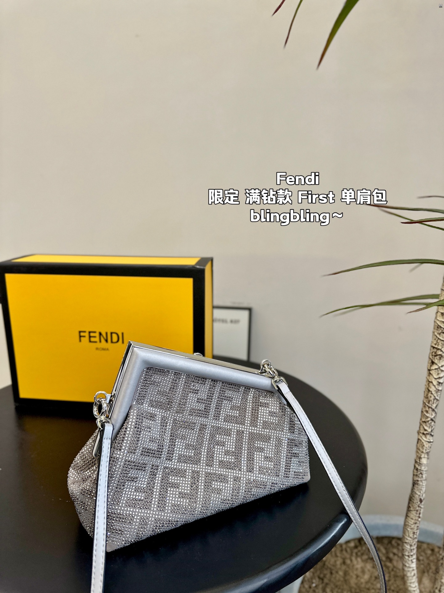 F-I Rhinestone with First shoulder bag in hand.