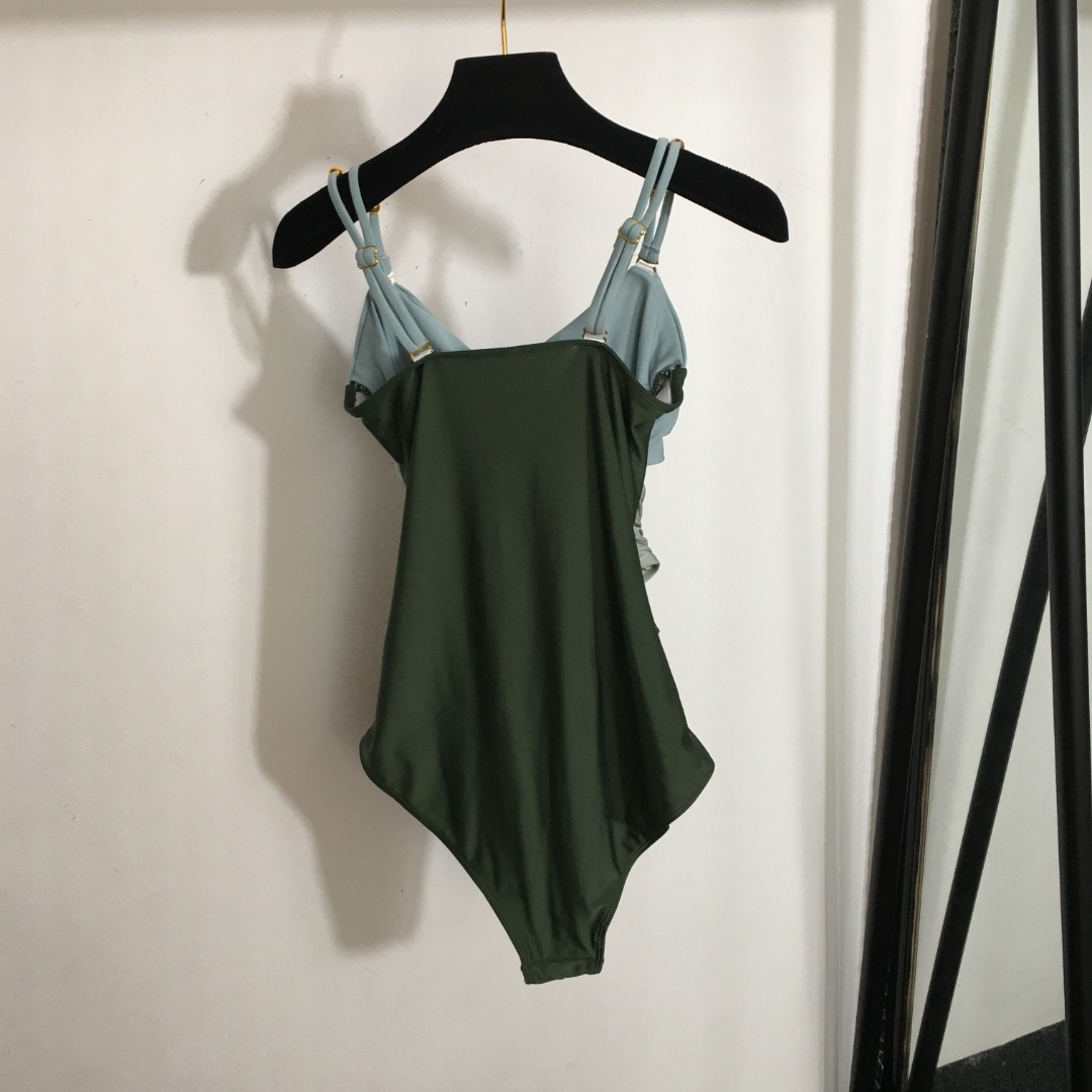 L-E New suit metal buckle color matching sling sexy waist one-piece swimsuit+pleated high waist overskirt