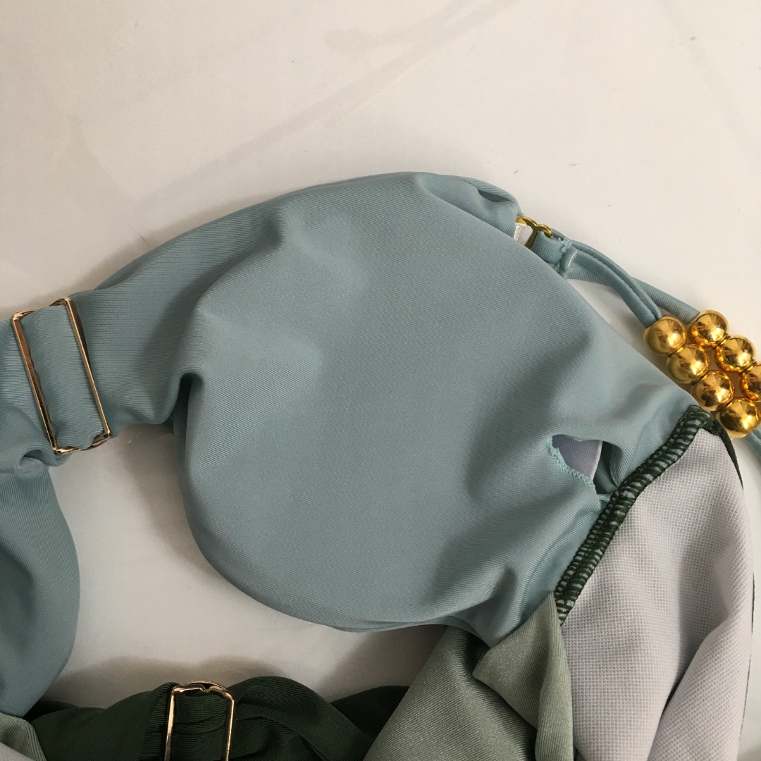 L-E New suit metal buckle color matching sling sexy waist one-piece swimsuit+pleated high waist overskirt