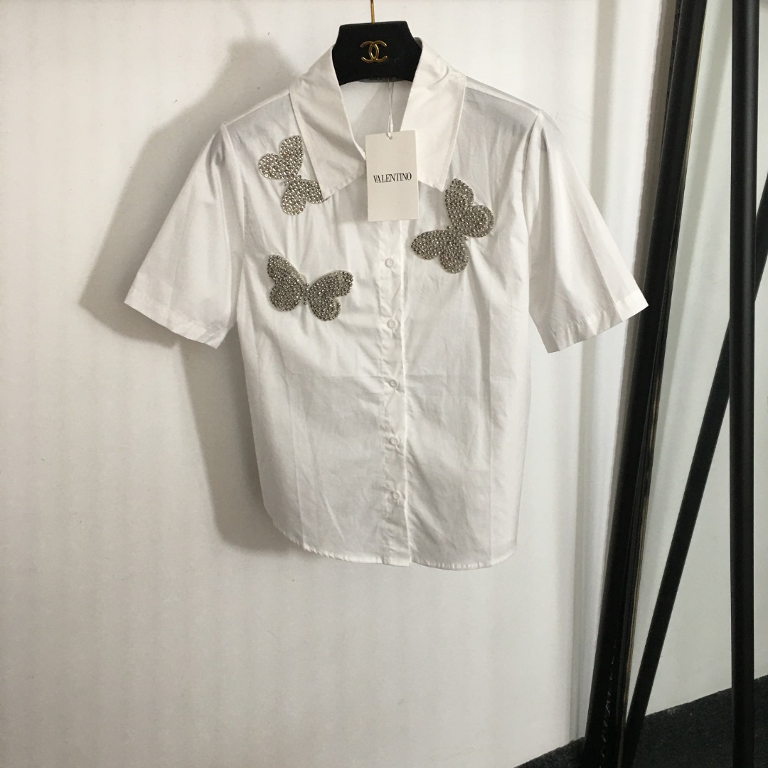 V-NO New rhinestone three-dimensional butterfly decorated short-sleeved shirt