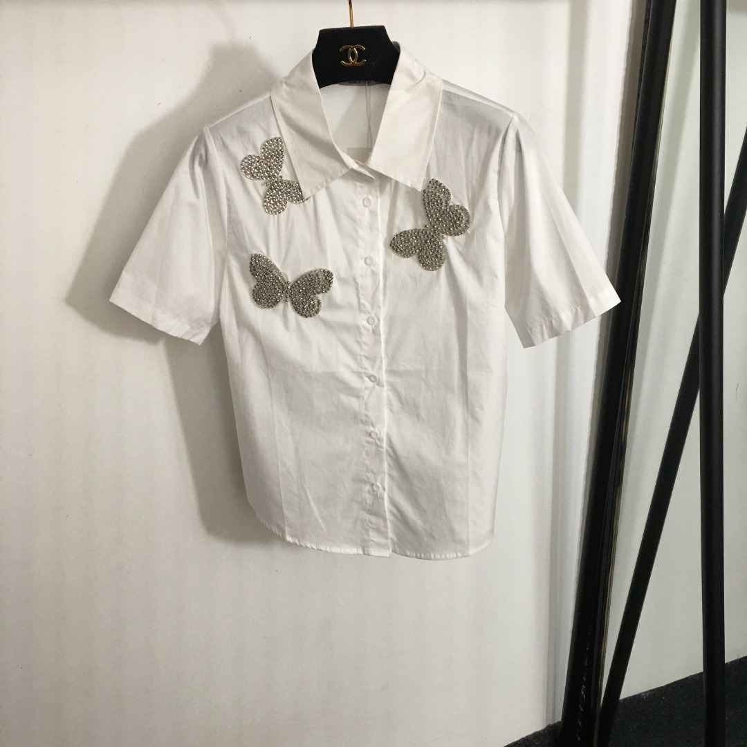V-NO New rhinestone three-dimensional butterfly decorated short-sleeved shirt