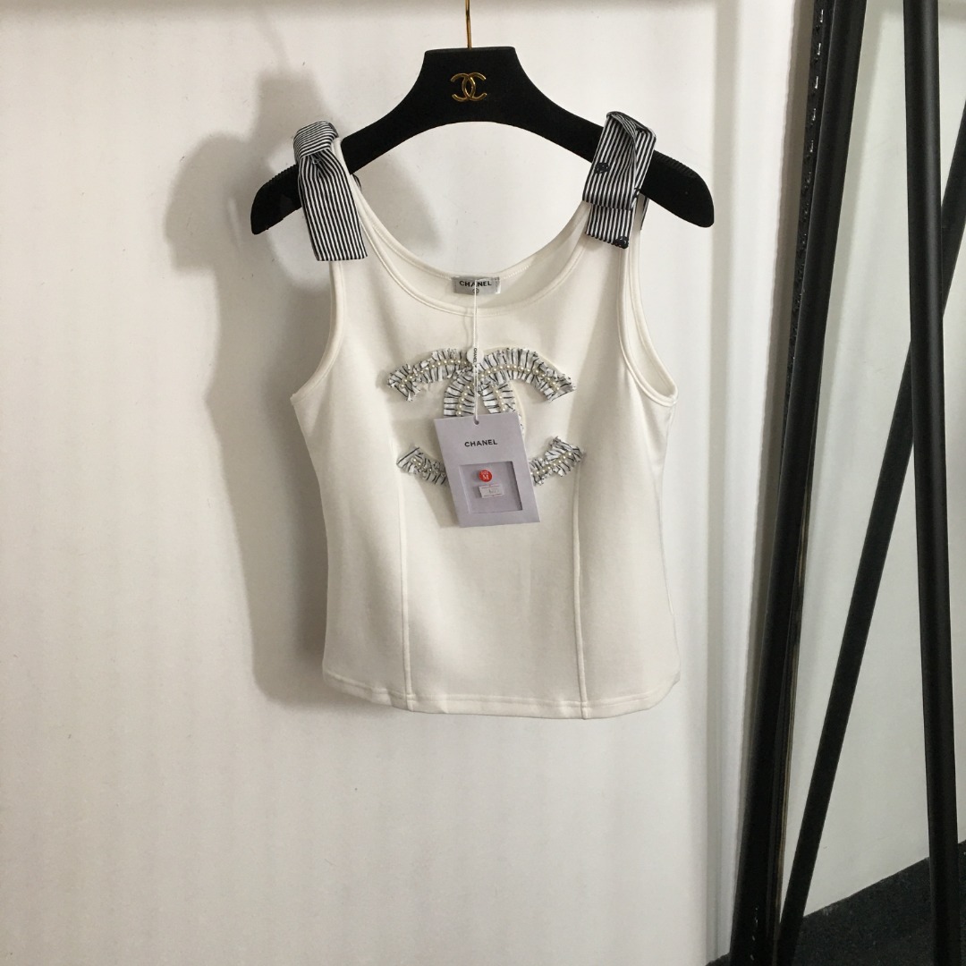 C-L New Pearl handmade lace logo embroidered bow suspender vest