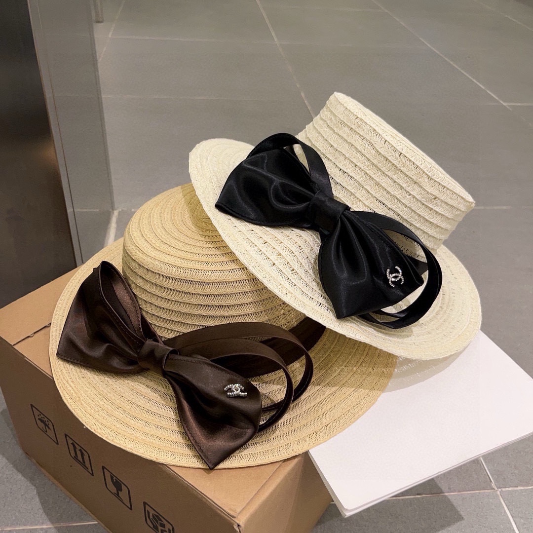 C-L Straw hat, bow flat top hat, supported by Japan, high-grade cross-section bow, sun protection and versatile.