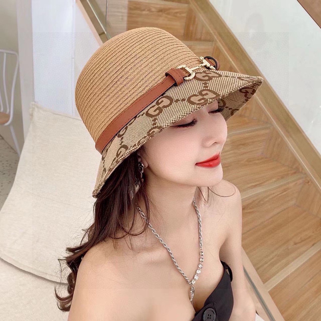 G-G Belt straw hat, fine grass basin cap, easy to carry, high-end customization, head circumference of 57cm meters khaki two colors.