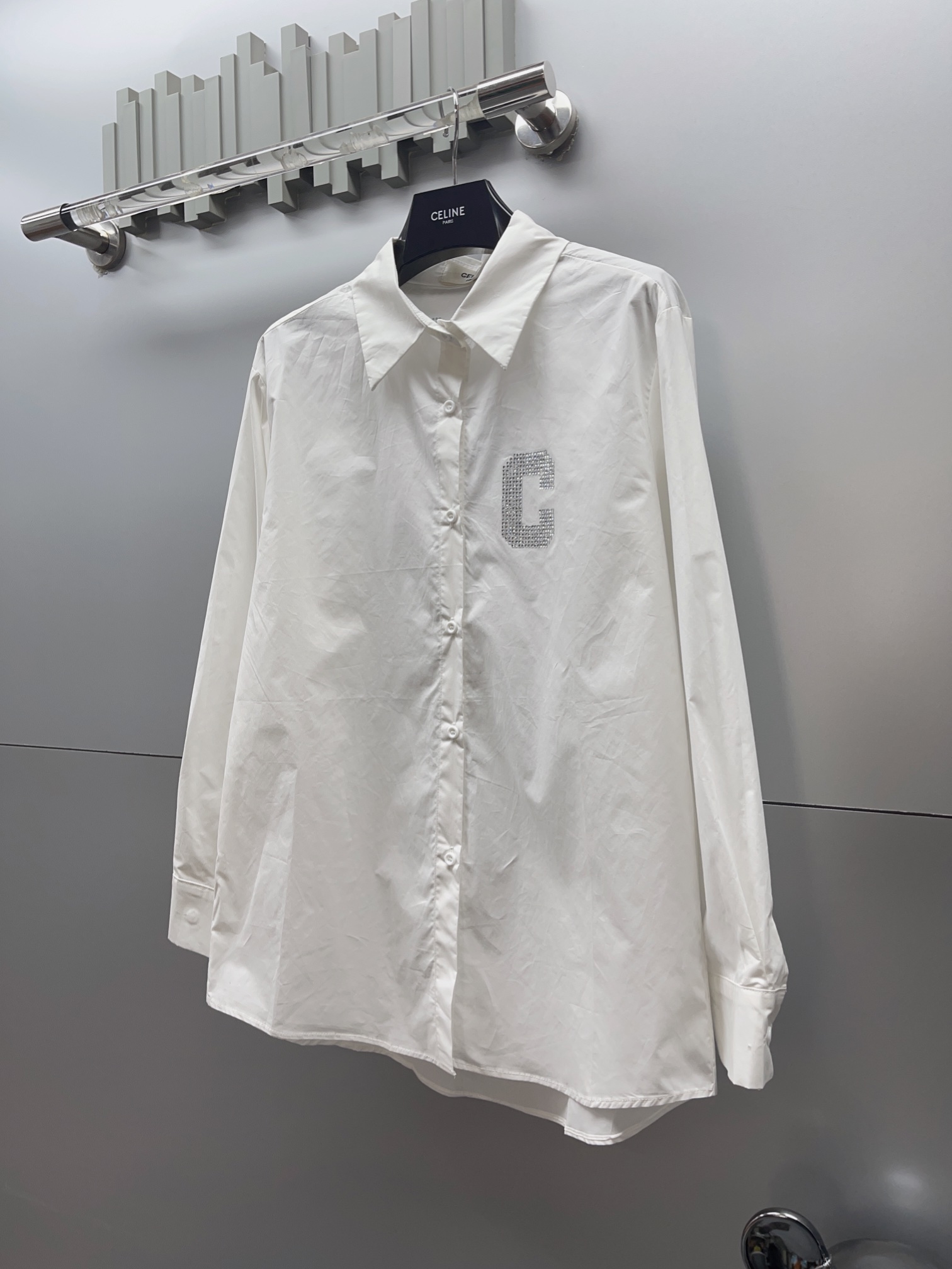 C-E Front and back rhinestones logo lapel shirt long sleeve top, two colors recommended.