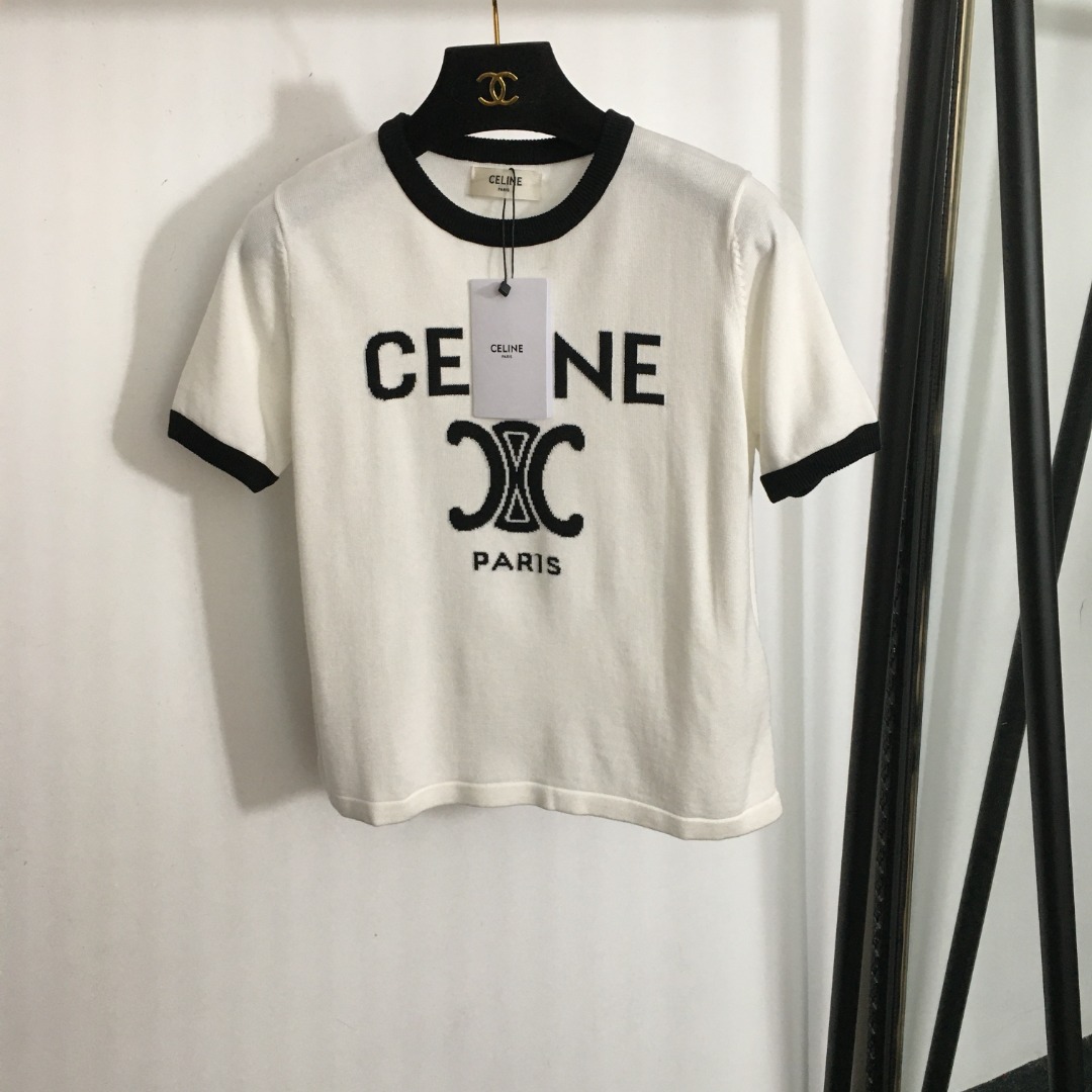 C-E Arc de Triomphe logo jacquard color matching round neck short sleeve sweater T-shirt